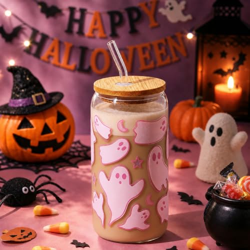 Halloween Ghost Glass Cup with Lid & Straw - Pink Ghost Variant for Women