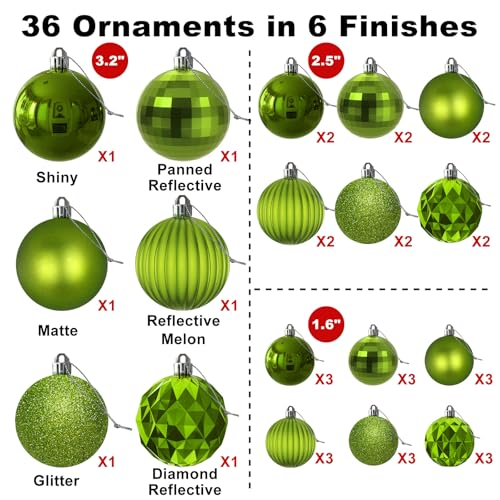 Assorted Lime Green Christmas Ornaments Set of 36 - Shatterproof Holiday Decorations