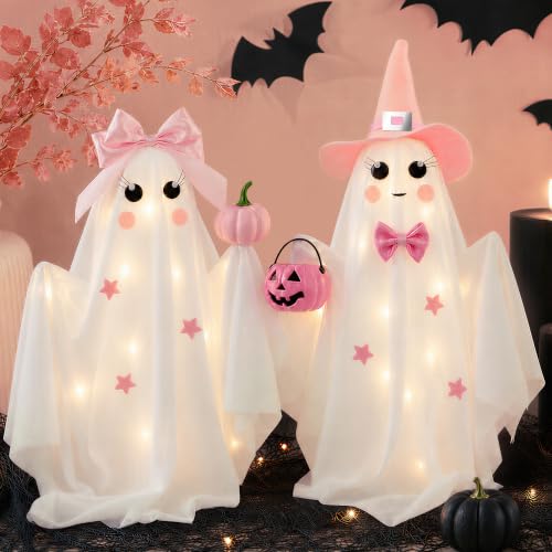 Pink & White Light-Up Halloween Ghost Decor Set of 2 - Adjustable Size Indoor Tabletop Decorations