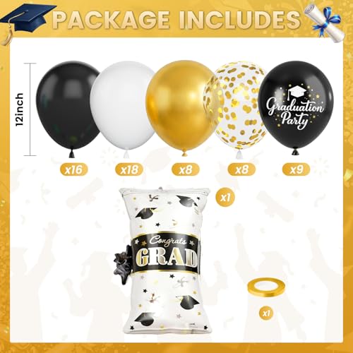 Black Gold White Graduation Balloons Set 60 Pcs for Party Decorations