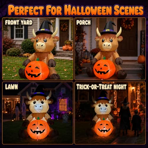 5FT Halloween Inflatable Highland Cow Holding Pumpkin - Outdoor Decorations, Cow Variant