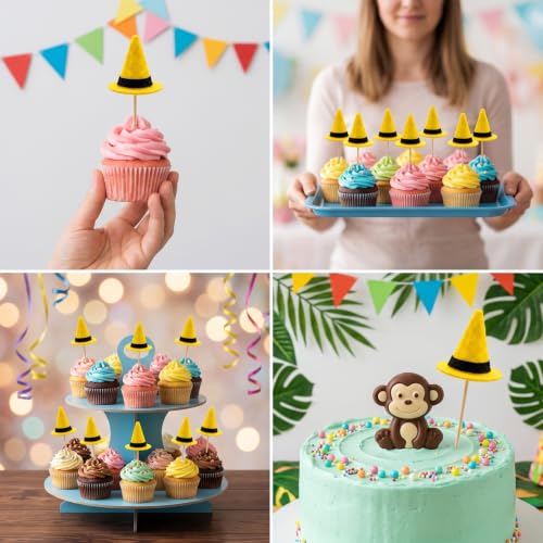 24 Yellow Felt Top Hat Cupcake Toppers - Party & Celebration Decorations