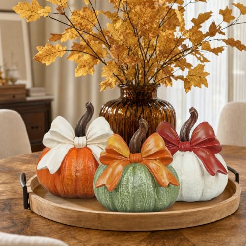 Fall Pumpkin Decor Set of 3 with Bows - Artificial Resin Rustic Autumn Decorations - White, Orange, Green