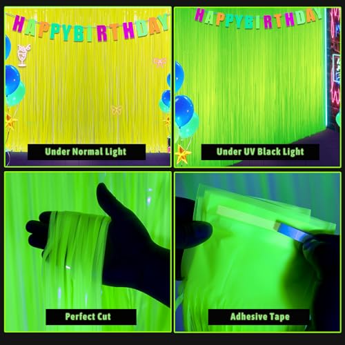 Fluorescent Macaron Green Foil Fringe Curtains - 2 Pack Neon Party Decorations