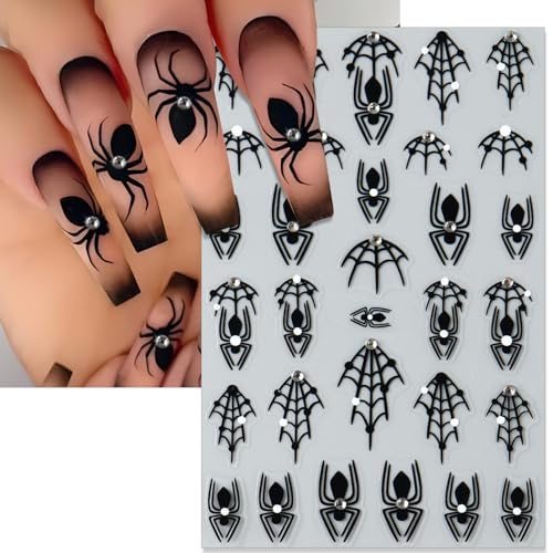 Halloween Spider Nail Stickers Rhinestone Spider Web Self-Adhesive 3D Nail Art Decals - Black Spider Web Variation