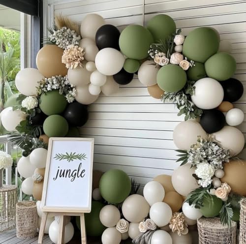 Black Sage Green Balloon Garland Kit - Double Stuffed Olive Green & Nude for Jungle Safari Birthday