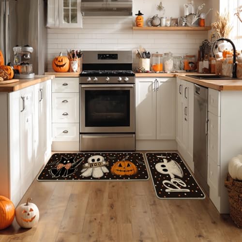 Halloween Pumpkin Kitchen Mats Set of 2 - 24x35 & 24x59 Black