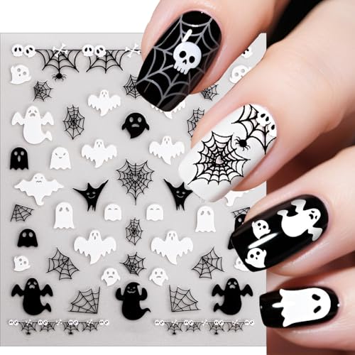 Halloween Nail Stickers Set - 6 Sheets Holographic Gothic Ghost Skull Spider Web Decor for DIY Manicure - Black & White