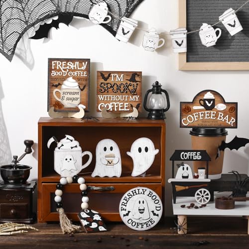 Halloween Ghost Tiered Tray Decor Set - 19 Pcs Coffee Themed Halloween Decorations