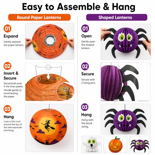 Halloween Paper Lanterns Set with 3D Shapes and Spooky Patterns - Indoor Outdoor Decor
