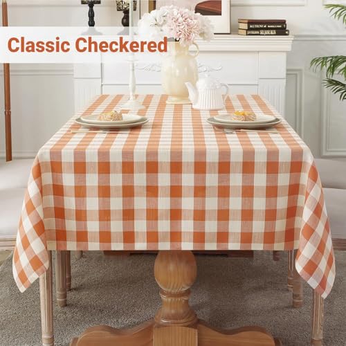 Orange Buffalo Plaid Tablecloth 60x75 Inch Rectangular Checkered Gingham Cotton Linen Farmhouse Style