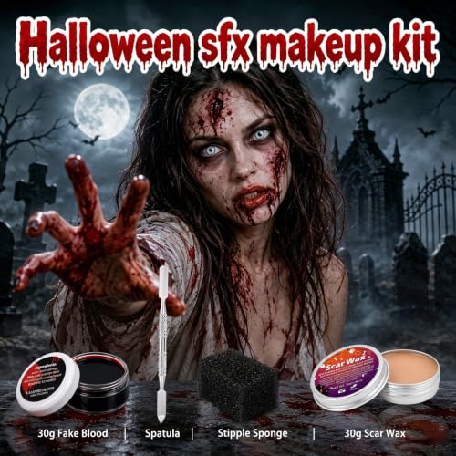 Halloween SFX Makeup Kit with Scar Wax, Fake Blood, Spatula & Sponge - Pack 3