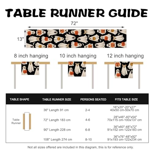 Halloween Ghost Dog Table Runner 13x72 Inches with Jack O Lantern & Bats - Spooky Decor
