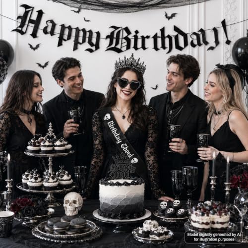 Gothic Birthday Decorations Set - Crown, Sash, Sunglasses, Banner & Cake Topper