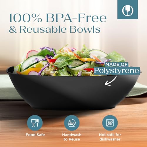 Black Plastic Serving Bowls - 4 Pack Oval Disposable Party Snack & Candy Bowls with Variation