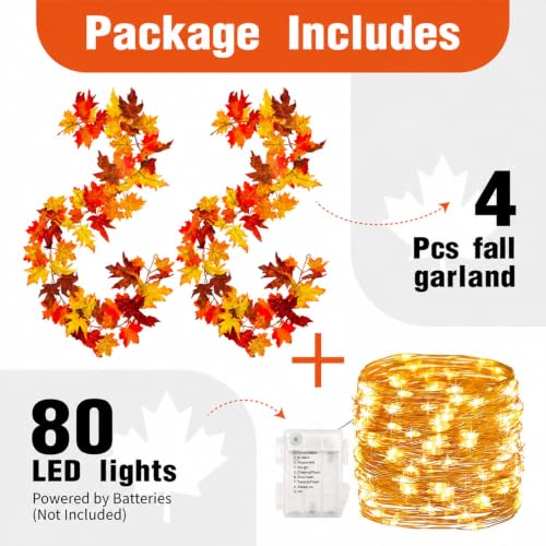 Fall Maple Garland with 80 LED String Lights - 23.2ft 4 Pack Autumn Decor