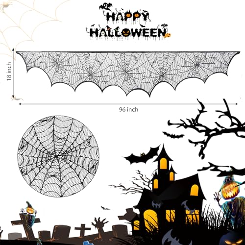 Halloween Fireplace Scarf - Black Lace Spiderweb Mantle Decoration 18x96 Inch Spider Web Design