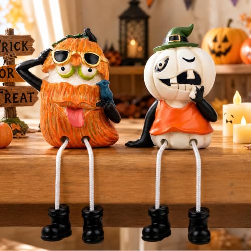 Halloween Pumpkin Shelf Sitter Figurines - Set of 2, Hand Painted Resin Decor