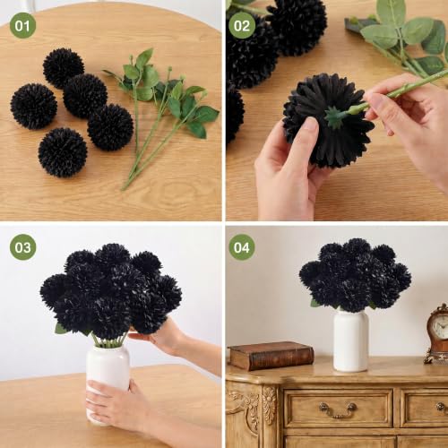 Black Artificial Chrysanthemum Flowers Ball Set - 12 Faux Flowers for Decor