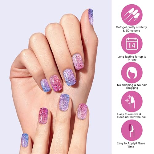 Semi Cured Gel Nail Strips with UV Light Required - Shiny Pink Blue 228, 22pcs