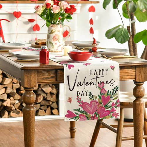 Pink Heart Shaped Flowers Table Runner 13x48 Inch for Wedding & Party Decor