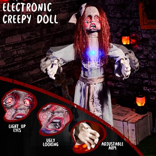 4ft Creepy Halloween Animatronic Doll - Spooky Talking Light-Up Eyes Prop with Sound & Movement - Doll Variation