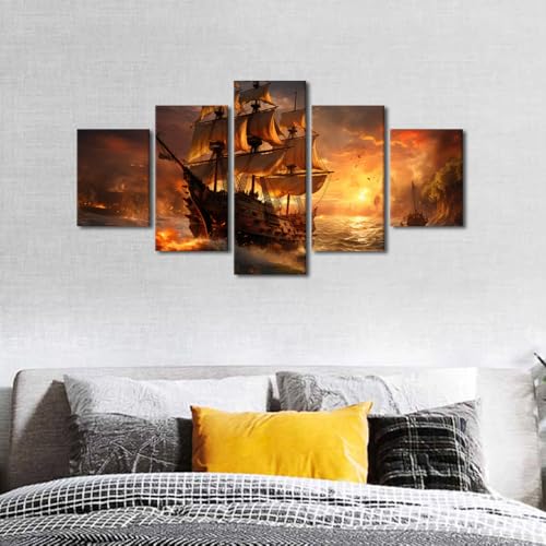 Pirate Ship Canvas Wall Art - Sea Landscape Painting, Framed 60"x32" - Fantasy Sailing Decor