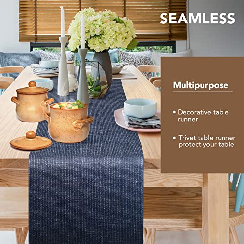 Heat-Resistant Table Runner & Trivet Set 12x40 Inch Waterproof Farmhouse Kitchen Decor - Black Line