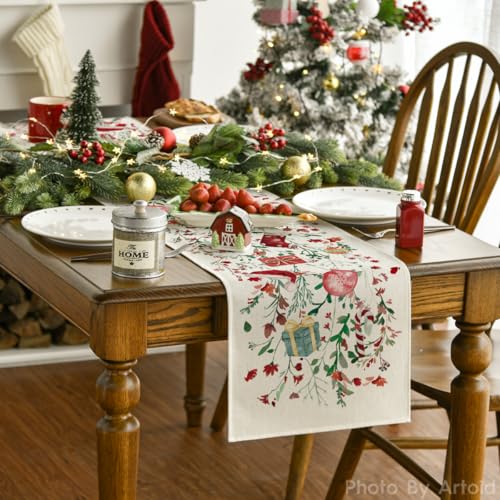 13x120 Inch Floral Christmas Table Runner - Beige Winter Kitchen Decor
