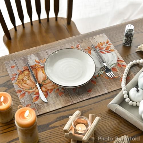 Rectangular Fall Leaves & Pumpkins Placemats Set of 4 - 12x18 Inch, Wood Style