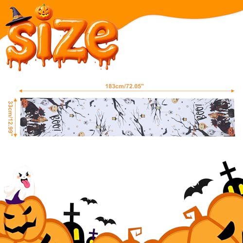 Halloween Pumpkin Skull Boo Table Runner - Black & White, 183x33cm, Festive Kitchen Decor