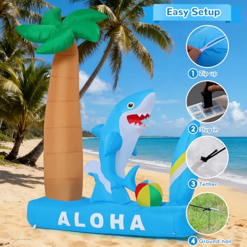 Inflatable Shark Pool Decor with Palm Tree & LED Lights - Summer Yard Decoration