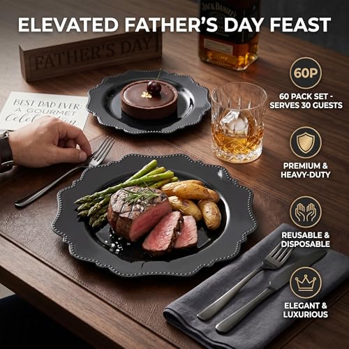 Black Disposable Plastic Plates Set - Heavy Duty Party Dinner & Dessert Plates, 60 Pieces