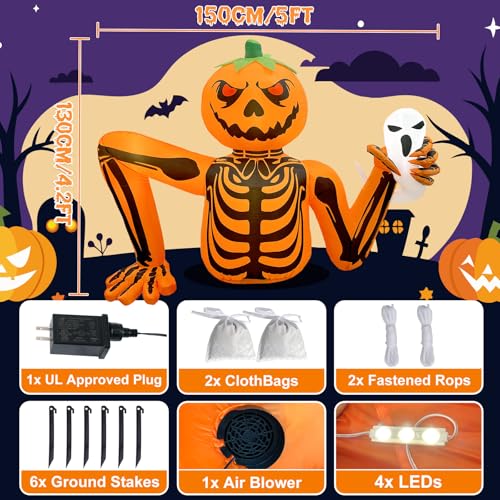 5FT Outdoor Inflatable Pumpkin Skeleton Halloween Decoration with LED Lights