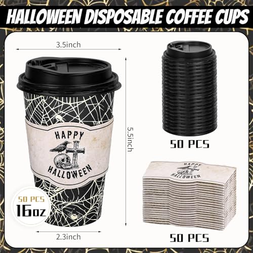 Halloween Spider Web Disposable Coffee Cups 16oz with Lids & Sleeves - Trick or Treat Party Supplies