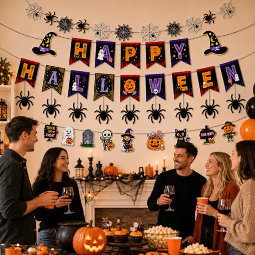Halloween Banner and Spider Web Decoration Set - Happy Halloween & Spider Web Variation