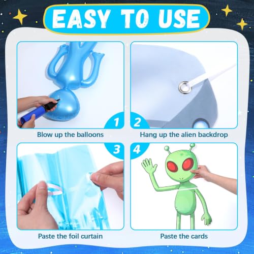 Blue Alien UFO Birthday Decorations Kit with Backdrop and Balloons - Alien Party Supplies
