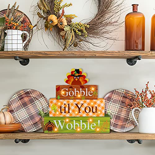 Thanksgiving Wooden Block Sign with LED Lights - Gobble Til You Wobble Turkey Decor - Fall Farmhouse Tabletop Sign - Variation: Thanksgiving 1