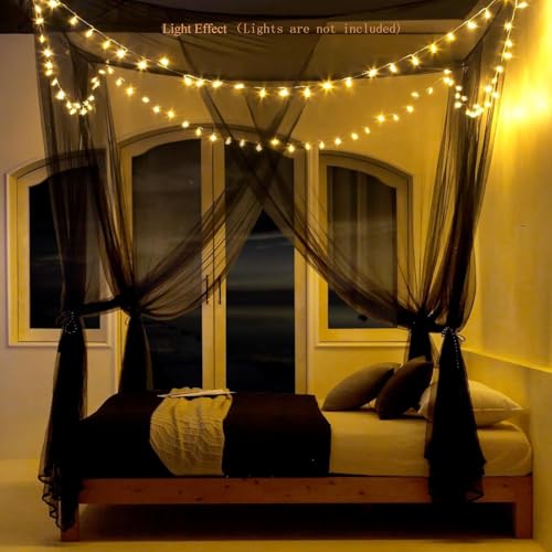 4-Corner Gothic Bed Canopy Mosquito Net for Full Queen King Size - Black, 78.7W x 98.4L