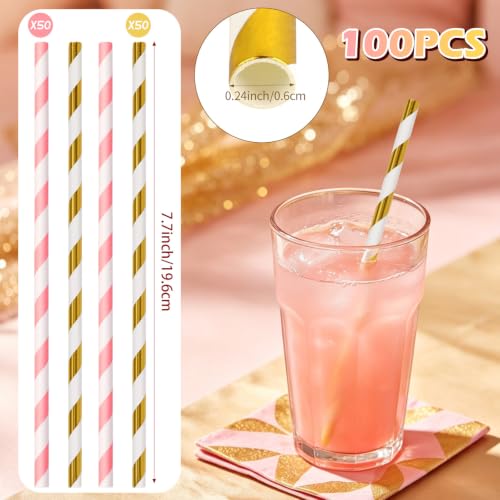 Pink and Gold Biodegradable Striped Paper Drinking Straws - 100 Pack for Parties