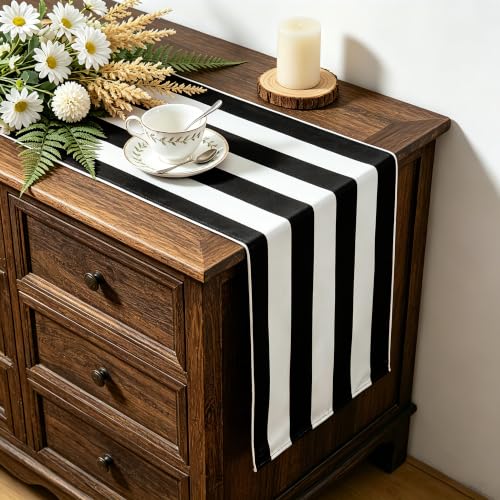 Black and White Striped Table Runner 13x72 Inch - Waterproof Farmhouse Decor - 1 Pack