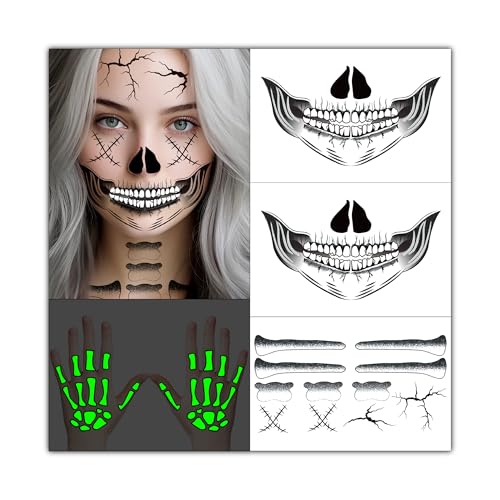 Glow in The Dark Skeleton Face & Hand Temporary Tattoos Halloween Costume Makeup Set