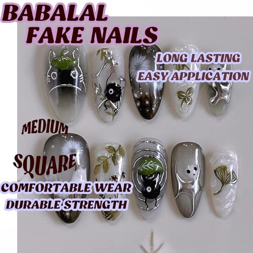 BABALAL Medium Almond Press-On Nails - Black Gothic Ghost Decvil Punk 24Pcs with Nail Glue - Variation BFNZ002