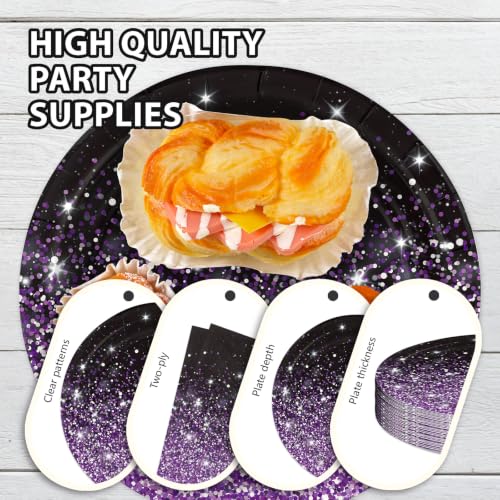Black Purple Plates - 96Pcs Birthday Party Decorations for Girls, Serves 24, Glitter Gradient with Star Accents