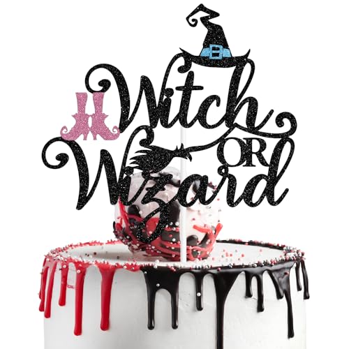 Black Glitter Witch or Wizard Cake Topper - Halloween & Gender Reveal Decor
