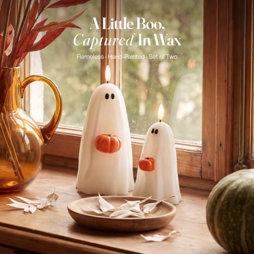 Halloween Ghost Candle Holders with Pumpkin - Flameless LED Decor, Safe & Realistic Flicker