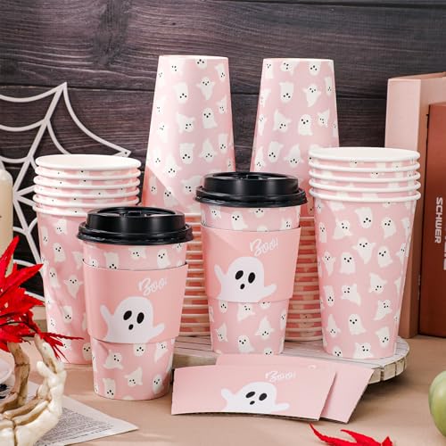 Pink Halloween Ghost Coffee Cups Set - 50 Pcs 16oz Disposable Cups with Lids & Sleeves