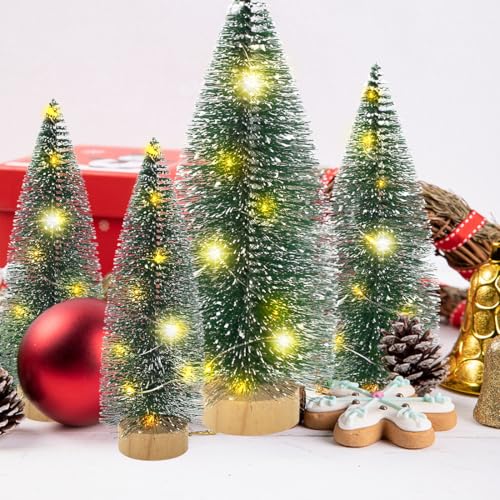Mini Christmas Tree with Lights Set of 4 - Bottle Brush Trees with Wooden Base