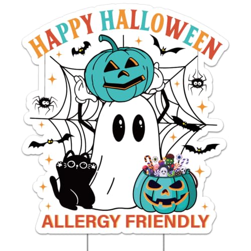 Halloween Teal Pumpkin & Ghost Yard Stakes - Blue White Outdoor Decorations, Allergy-Friendly