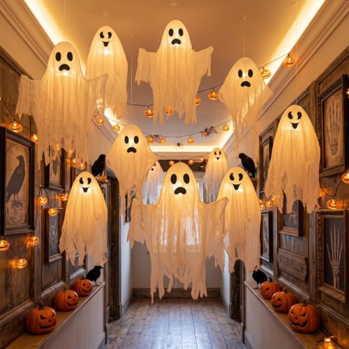 Halloween Hanging Ghost Decorations Set - Outdoor Ghosts with Gauze Sheets & Faces